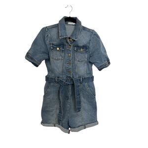 Avec Les Filles Denim Romper Womens Small Blue Short Sleeve Belted Button Front